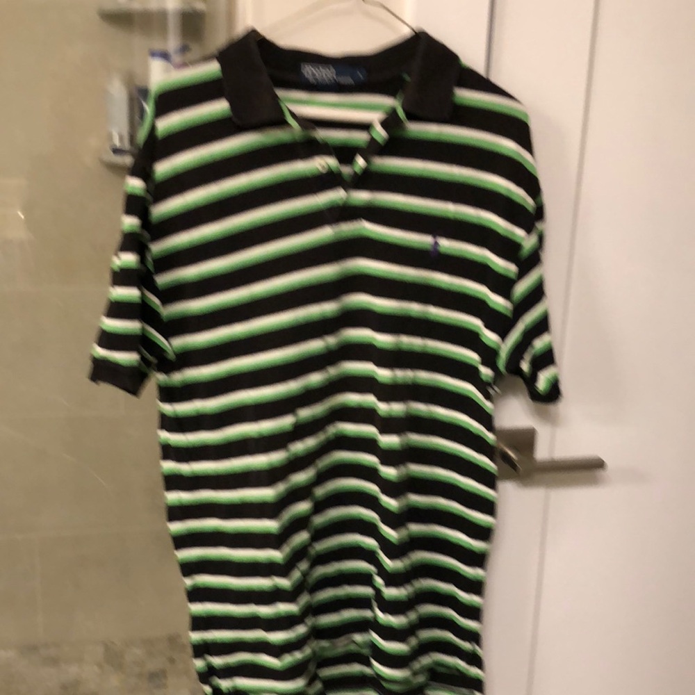 Men’s woven size large polo by Ralph Lauren. Black green and white stripe